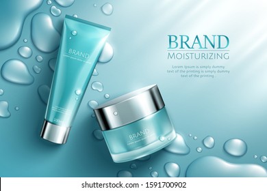 Moisture blue cosmetic set ads with waterdrop effect in 3d illustration