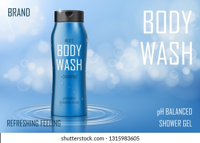 Moisture Cooling Body Wash Gel Ad. Realistic Body Wash Or Shampoo Bottle. Skin Care Packaging Product Design For Poster Or Banner. 3d Vector Illustration