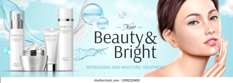 Moisture cosmetic set with mix texture and beautiful model in 3d illustration