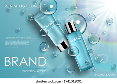 Moisture cosmetic tubes banner ads. Skin care cosmetic product bottles with soap bubbles. Lotion, perfume packing with waterdrop effect design. Realistic 3d vector illustration