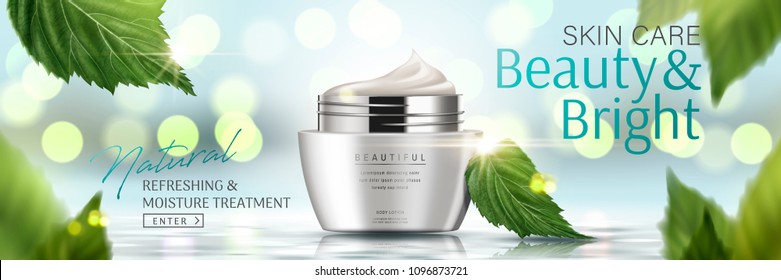 Moisture cream jar with leaves on bokeh glitter background in 3d illustration