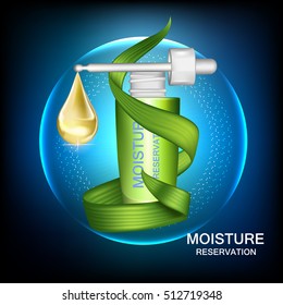 Moisture cream reservation, Improves moisture absorption for skin care. Background Vector Concept with green leave and gold drop of water in lighting effect