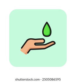 Moisture drop line icon. Catching, hand, skincare. Cosmetology concept. Vector illustration can be used for topics like purity, eco, rain