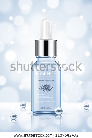Moisture essence ads, light blue cosmetic skincare product with pearls isolated on bokeh background. Vector illustration