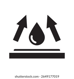 Moisture evaporation icon with a water drop and upward arrows representing a quick drying surface and breathable material technology vector solid glyph icon