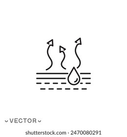 moisture evaporation process of coating icon, drying paint or varnish surface, steam or gas arrows, drop liquid on cloth, thin line symbol isolated on white background, editable stroke eps 10 vector