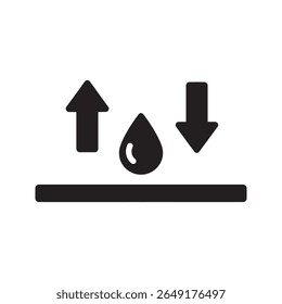 Moisture exchange icon with a water drop and up down arrows for humidity control breathable material and climate regulation vector solid glyph icon