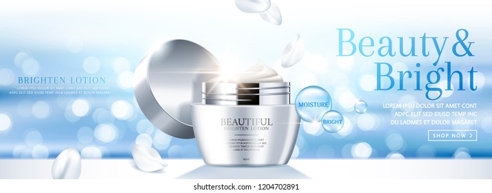 Moisture face cream banner ads on light blue bokeh glittering background in 3d illustration