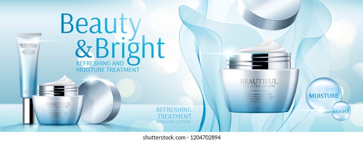 Moisture face cream banner ads with light blue chiffon in 3d illustration, bokeh glittering background