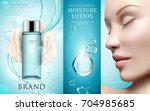 Moisture lotion ads, blue container with splashing water and bubbles in 3d illustration, beautiful model face