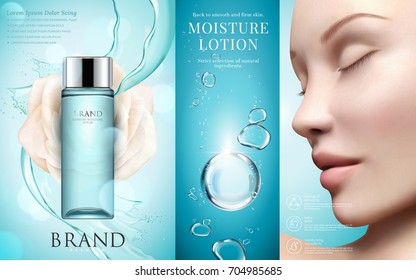 Moisture lotion ads, blue container with splashing water and bubbles in 3d illustration, beautiful model face