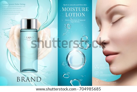 Moisture lotion ads, blue container with splashing water and bubbles in 3d illustration, beautiful model face