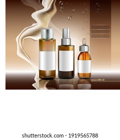 Moisture oil bottles set Vector realistic. Cosmetics serum skin care. Product packaging design. Background lotion splash
