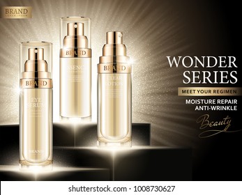 Moisture repair ads, cosmetic golden spray bottle set in 3d illustration with glowing background