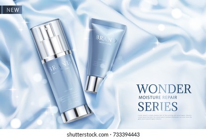 Moisture repair series ads, light blue cosmetic skincare products with silky fabric and glittering elements in 3d illustration, top view