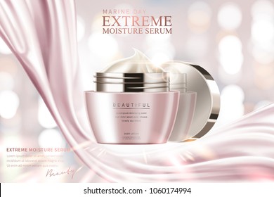 Moisture serum ads, cosmetic cream jar with silver pink satin on glowing pink background in 3d illustration Moisture serum ads, cosmetic cream jar with silver pink satin on glowing pink background in 3d illustration