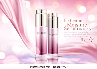 Moisture serum ads, cosmetic spray bottle with pink satin on glowing pink background in 3d illustration