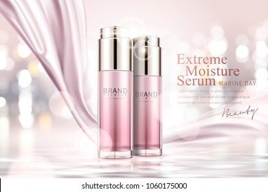 Moisture serum ads, cosmetic spray bottle with silver pink satin on glowing pink background in 3d illustration