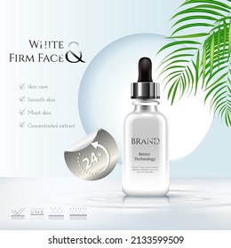 Moisture serum jar with leaves on bokeh background in 3d illustration