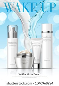 Moisture skin care ads, white container mockup with watery and creamy liquid pouring down, blue blur background in 3d illustration