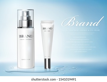 Moisture skincare product ads with watery water drops on blue background in 3d illustration