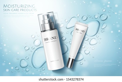 Moisture Skincare Product Ads With Watery Water Drops And Glitter Effects On Blue Background, Flat Lay