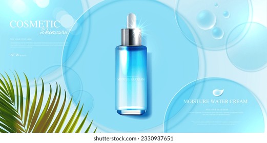 Moisture skincare product ads with watery water to moisturize the face. bottle and realistic package mockup. banner ad for beauty products and blue background. cosmetic vector design.