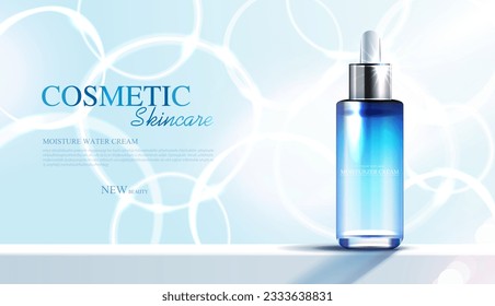 Moisture skincare product ads with watery water to moisturize the face. bottle and realistic package mockup. banner ad for beauty products and blue background. cosmetic vector design.