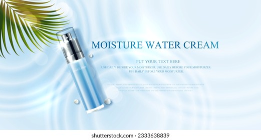 Moisture skincare product ads with watery water to moisturize the face. bottle and realistic package mockup. banner ad for beauty products and blue background. cosmetic vector design.