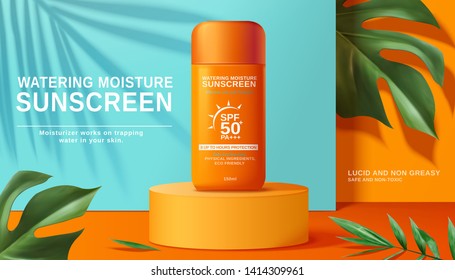 Moisture sunscreen ads on orange cylinder with tropical plants in 3d illustration