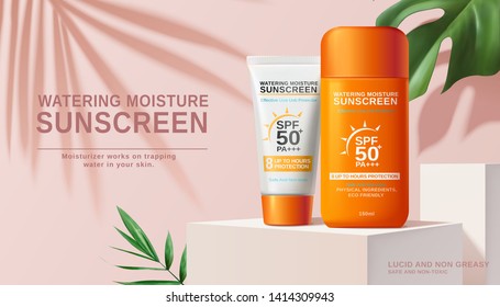 Moisture sunscreen ads on white square stage with tropical plants in 3d illustration, pink background