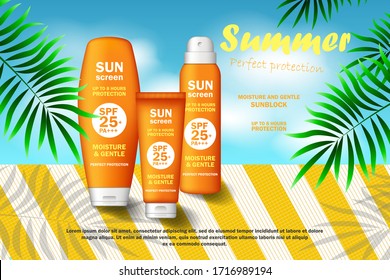 Moisture sunscreen ads on white square stage with tropical plants. Sunscreen spray and tube ads laying on summer.