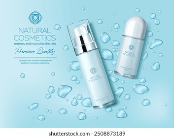 Umidade garrafa de produto cosmético de água com gotas. Banner promocional vetor com duas garrafas de cosmético natural cercado por gotas de água. Anúncios de fundo com hidratante e nutritivo produto de cuidados da pele