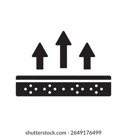 Moisture wicking material icon with porous texture and upward arrows representing breathable fabric technology for activewear vector solid glyph icon