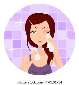 Moisturisation. Girl applying wet wipes which allows skin to breathe and gives fresh. Woman instruction how to make up correctly. Girl cares about her look. Part of series of ladies face care. Vector