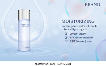 Moisturizer with big water drop and bubbles background