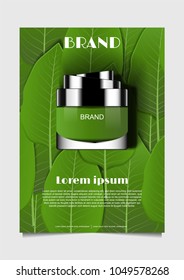 Moisturizer with green leaves background vector cosmetic ad design for poster flyer brochure leaflet