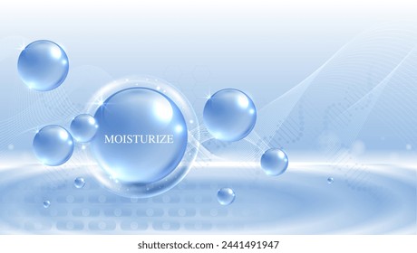 Moisturizer and hyaluronic acid on a blue background. skin care with water droplets is absorbed into the skin and cells. use ads, lotions, serums, creams. medical and scientific concepts. vector.