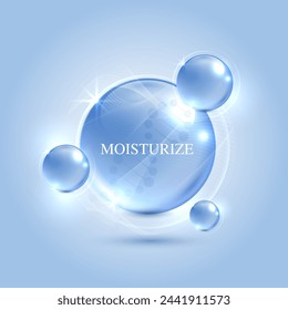 Moisturizer and hyaluronic acid on a blue background. skin care with water droplets is absorbed into the skin and cells. use ads, lotions, serums, creams. medical and scientific concepts. vector.