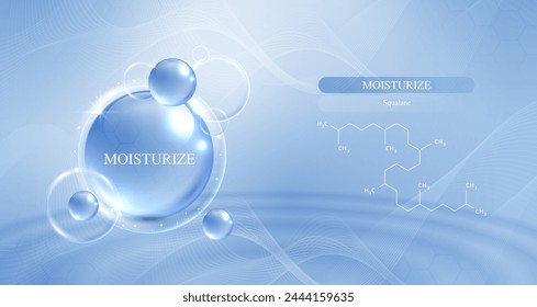 Moisturizer and hyaluronic acid on a blue background. skin care with water droplets is absorbed into the skin and cells. use ads, lotions, serums, creams. medical and scientific concepts. vector.