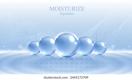 Moisturizer and hyaluronic acid on a blue background. skin care with water droplets is absorbed into the skin and cells. use ads, lotions, serums, creams. medical and scientific concepts. vector.