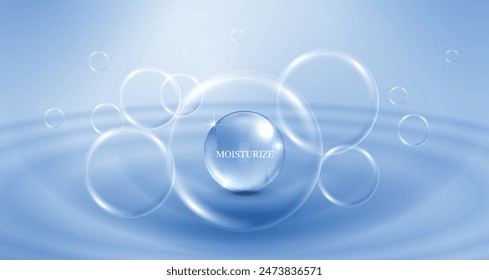 Moisturizer and hyaluronic acid on a blue background. skin care with water droplets is absorbed into the skin and cells. use ads, lotions, serums, creams. medical and scientific concepts. vector.