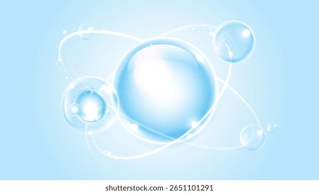 Hidratante e ácido hialurônico sobre um fundo azul. cuidados com a pele com gotas de água é absorvido na pele e células. use anúncios, loções, soros, cremes. conceitos médicos e científicos. vetor.