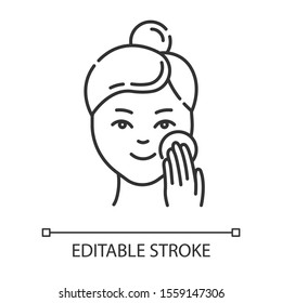 Moisturizer linear icon. Skincare procedure. Facial beauty. Cleansing for healthy skin. Makeup removal. Thin line illustration. Contour symbol. Vector isolated outline drawing. Editable stroke