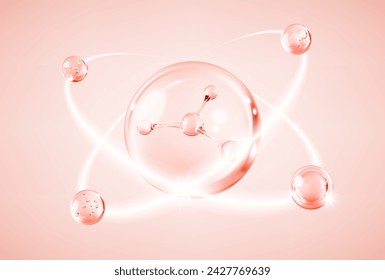 Moisturizer molecule or cosmetic serum. Skin care vitamin bubble. Pink collagen serum drop. Concept skin care cosmetics solution. Vector illustration