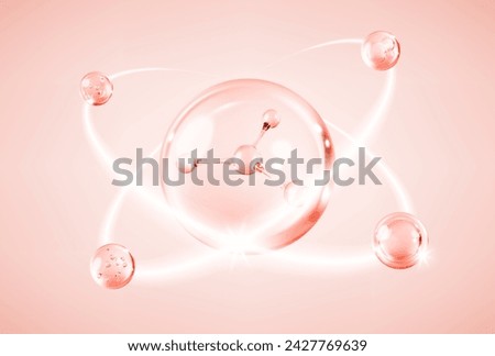 Moisturizer molecule or cosmetic serum. Skin care vitamin bubble. Pink collagen serum drop. Concept skin care cosmetics solution. Vector illustration