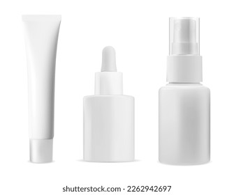 Moisturizer product bottle set. Cosmetic container with spray dispenser, hairspray aerosol. Cream tube illustration, makeup collection. Face care serum eyedropper vial