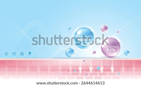 Moisturizer and retinol serum drop deeply penetrates skin layers for hydration, brightening, and anti-aging skincare. Perfect for beauty, cosmetic, and dermatology visuals. vector design.