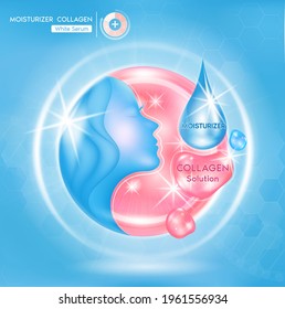 Moisturizing and collagen with capsule and the third ingredient can be separated. On a light blue background. Beauty cosmetic product. 3D Vector EPS10
