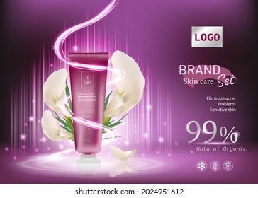 moisturizing cosmetic  ads and bottle skin care pink background with premium light effectand flower. 3d illustration